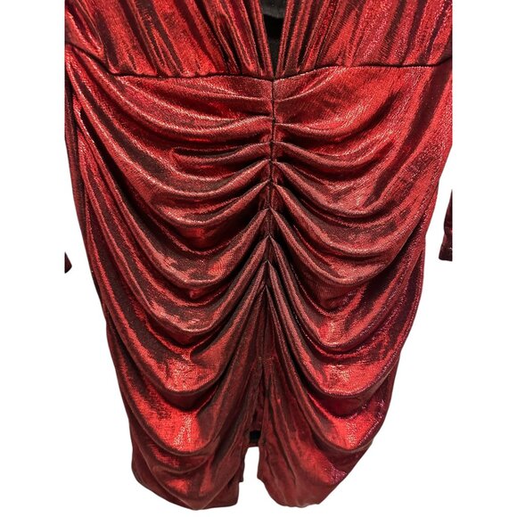✌️ 2/$40 ✌️ Red Shimmery Plunging Neck Ruched Body Con Dress sz L - Picture 2 of 8